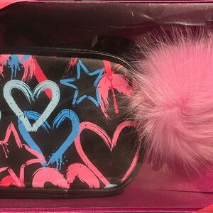 Colorful Heart and Star Print Purse with Pink Pom Pom